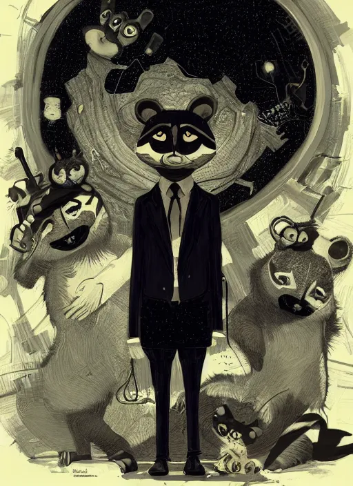 Image similar to a dramatic illustration portrait of an anthropomorphic raccoon mob boss, by victo ngai, by stephen gammell, by george ault, in the style of animal crossing, artstation