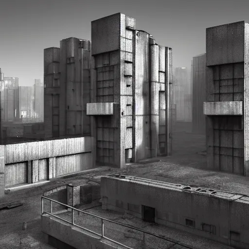 Image similar to scifi brutalist industrial complex, photorealistic