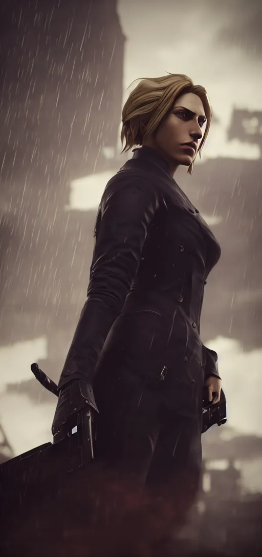 Image similar to portrait shot of annie leonhart in dunwall city, mid air shot, redshift render, beautiful face, detailed face, cinematic lighting, rainy weather, melancholy atmosphere, volumetric light, octane render, dishonored 1, gothic architecture, realistic reflections, octane render 8 k, action shot