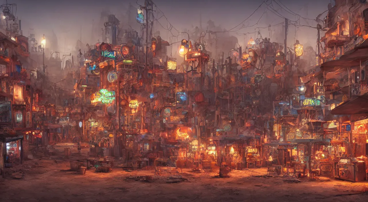 Prompt: a steampunk village in the desert, junk everywhere,neon lights, neon signs, magical atmosphere, mist, steam, photo realistic, 35mm, Matte painting, octane render, 8k, corona render, movie concept art by guido borelli da caluso