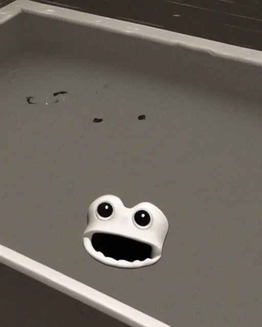 Prompt: a cursed image of clippy from ms office in a dark, closed swimming pool, really scary, looking this way.