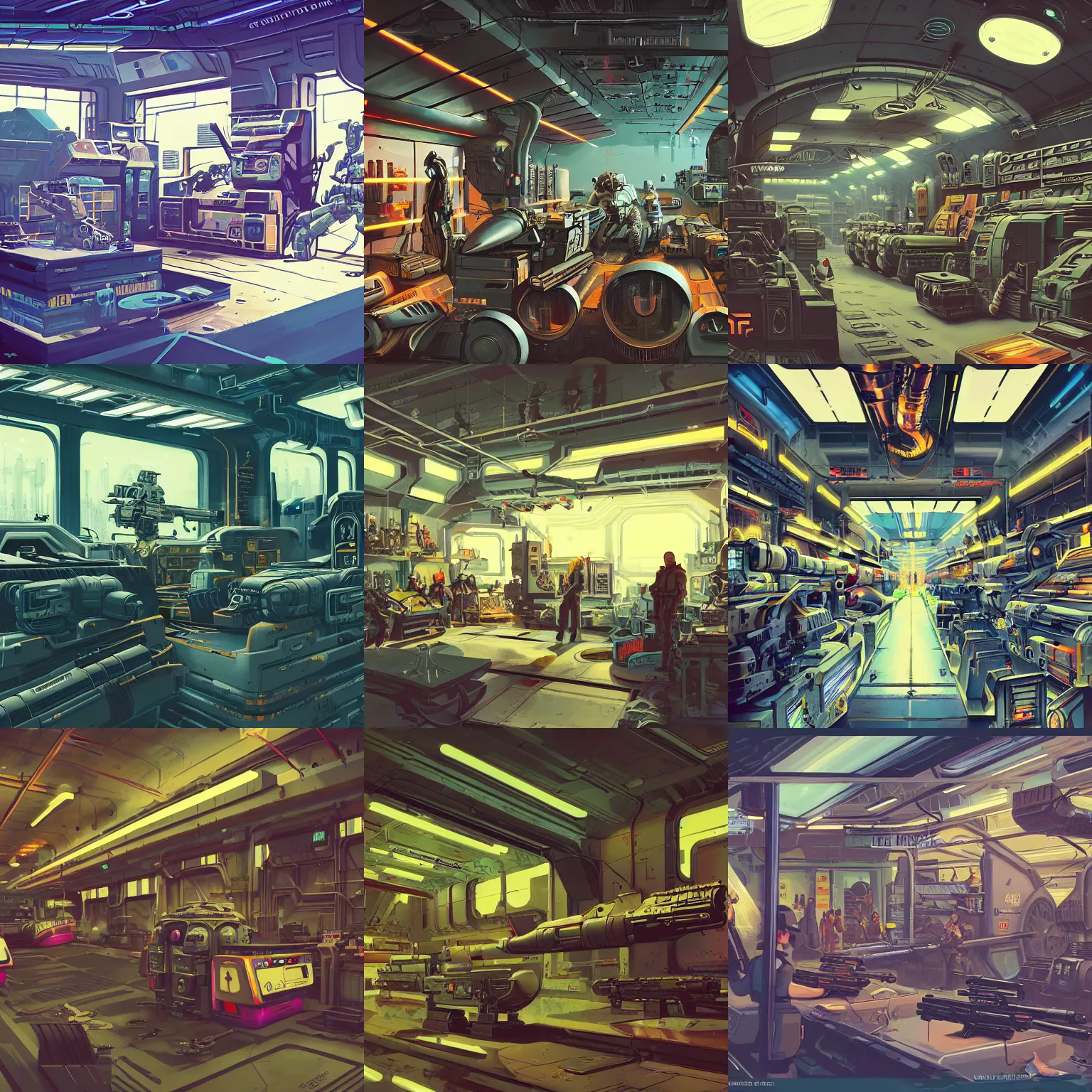 Prompt: Inside an sifi weaponshop, large guns on shelves, beautiful labels, fantastic vendor interior, wide angle, retro futuristic comics, cinematic, highly detailed, photorealistic, rich bright colors, trending on artstation, trending on cgsociety