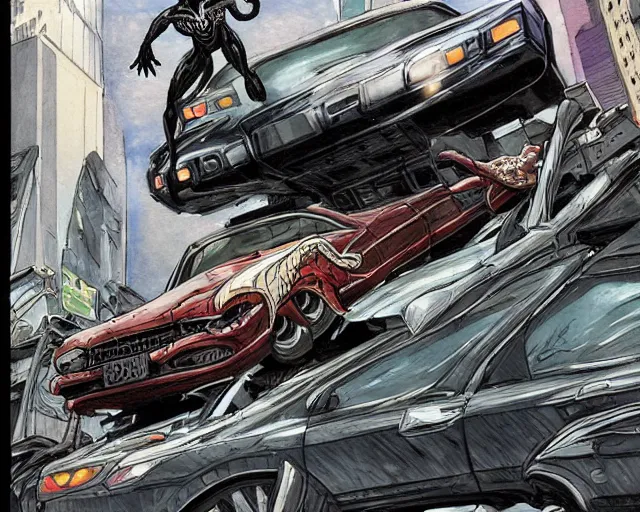 Prompt: Venom standing on top of a wrecked car in the city, open arms art by Gerardo Sandoval, Ultra detailed, hyper realistic,