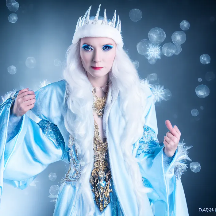 Prompt: professional photograph of a real - life ice queen with ornate robes. extremely detailed. dslr. 8 k