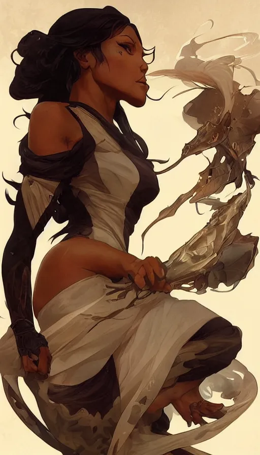 Image similar to yoruichi shihouin by artgerm, greg rutkowski and alphonse mucha, concept art, matte, intricate, full body, epic composition