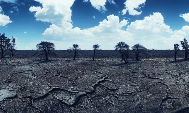 Image similar to panorama of big raindrops flying upwards into the perfect cloudless blue sky from a dried up river in a desolate land, dead trees, blue sky, hot and sunny highly-detailed, elegant, dramatic lighting, artstation, 4k, cinematic landscape, photograph by National Geographic
