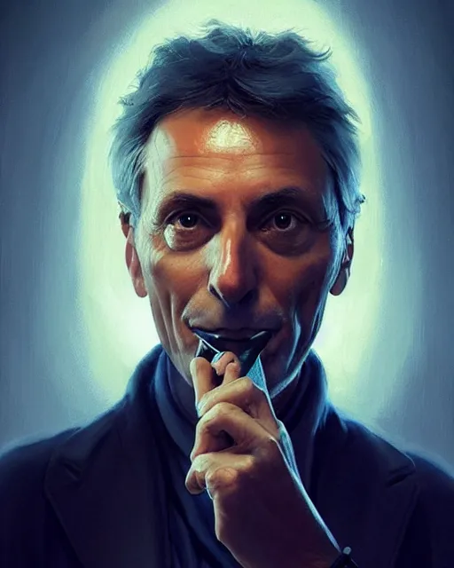 Image similar to Mauricio Macri smoking a cigar volumetric lighting, back lighting, rimlight, dramatic lighting, digital painting, highly detailed, artstation, sharp focus, illustration, Artgerm, Jean-Léon Gérôme , ruan jia