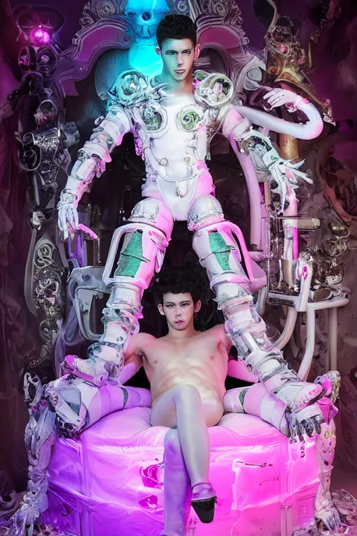 Image similar to full-body rococo and cyberpunk style neon statue of a young attractive Nick Jonas macho dotado e rico android sim roupa reclining con las piernas abertas e la piroca dura, glowing white laser eyes, prince crown of pink gears, diamonds, swirling silver-colored silk fabric. futuristic elements. full-length view. space robots. human skulls. intricate artwork by caravaggio. Trending on artstation, octane render, cinematic lighting from the right, hyper realism, octane render, 8k, depth of field, 3D