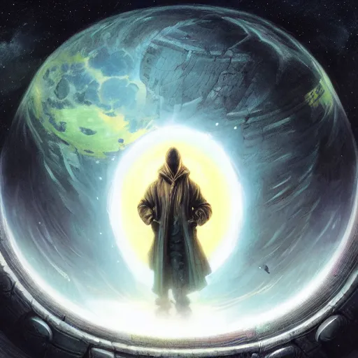 Image similar to rogue male wearing a cloak on an alien world and holding a holographic planet projection in his hand, masked face, detailed, sci - fi, digital painting, artstation, sharp focus, illustration, ominous, artgerm, tomasz alen kopera, peter mohrbacher, donato giancola, joseph christian leyendecker, wlop, frank frazetta