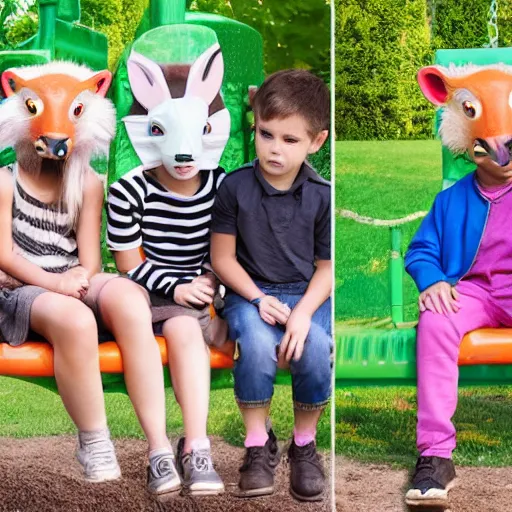 Image similar to photo realistic children on a playground wearing different animal masks,