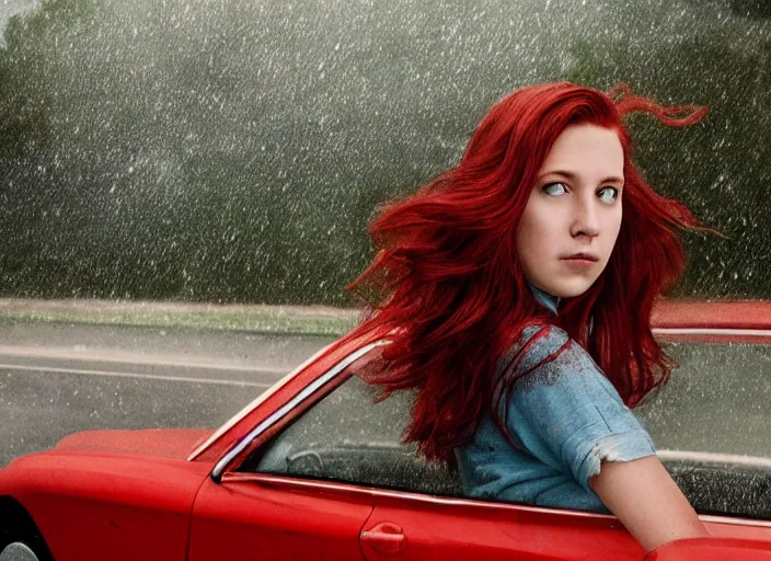 Image similar to A very high resolution image from a new movie, landscape from a car window , teen red hair woman, raining, hot, directed by wes anderson