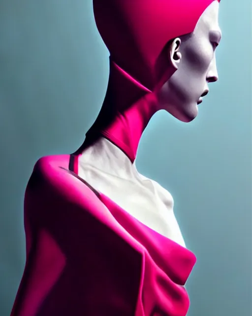 Prompt: half body portrait of beautiful model, in an outfit made by balenciaga, photo by greg rutkowski, high fashion, androgyn beauty, intricate detail, elegance, sharp shapes, soft lighting, vibrant colors, masterpiece