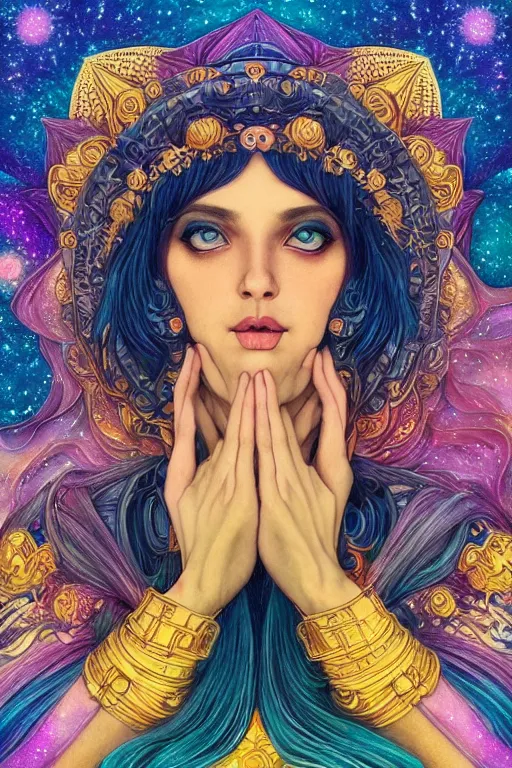Image similar to beautiful goddess of space and dreams by artgerm, mandala, coherent design, symmetrical, trending on artstation, watercolor ink illustration, vivid color, complementary color, golden ratio, detailed, sharp lines, sharp focus, intricate, rainbowshift, gustave dore, maxfield parrish, alphonse mucha, octane render