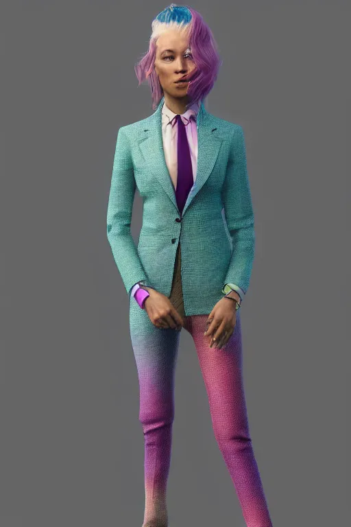 Prompt: a character wearing a super colorful muted color diy! suit, vivienne westwood!, detailed photoreal render octane render