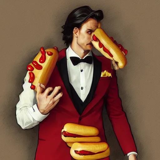 Image similar to man wearing a suit made of hotdog. he is dressed as a superhero. clean elegant painting, beautiful detailed face. by artgerm and greg rutkowski and alphonse mucha