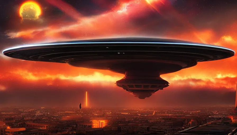 Image similar to gigantic ufo upon washington dc, sky on fire, hyperdetailed, artstation, cgsociety, 8 k
