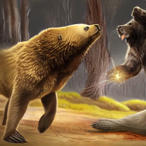 Prompt: Seal character fighting a grizzly bear. Art station