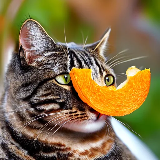 Prompt: photorealistic photograph of a cat wearing an orange peel as a hat by suzi eszterhas, fruit helmet, photorealism, photorealistic, realism, real, highly detailed, ultra detailed, detailed, f / 2. 8 l canon ef is lens, canon eos - 1 d mark ii, wildlife photographer of the year, pulitzer prize for photography, 8 k