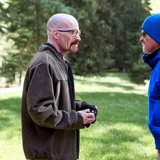 Prompt: walter white talking to a blue jay