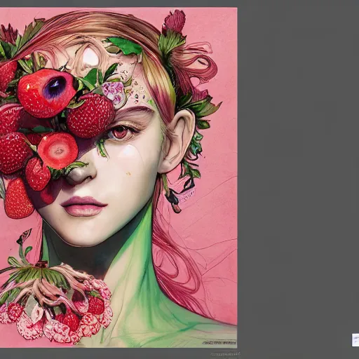 Image similar to the portrait of an absurdly beautiful, graceful, elegant, sophisticated, fashionable woman made of strawberries and green petals, an ultrafine hyperdetailed illustration by kim jung gi, irakli nadar, intricate linework, bright colors, octopath traveler, final fantasy, unreal engine 5 highly rendered, global illumination, radiant light, detailed and intricate environment