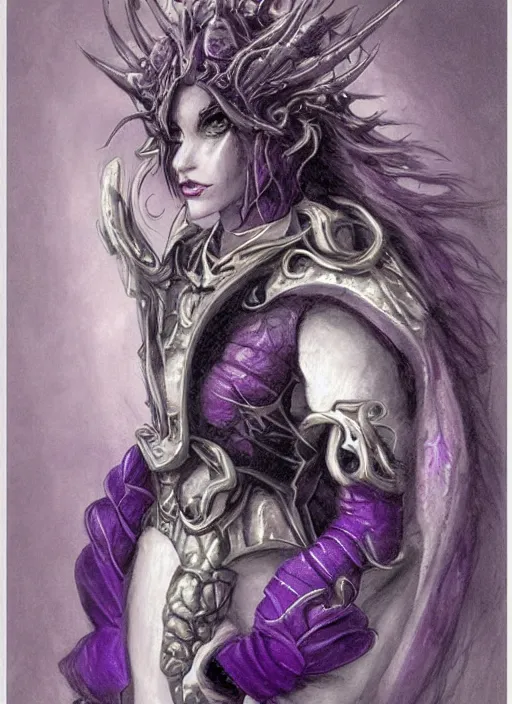 Image similar to portrait of young female prophetess of the endtimes, transluscent skin, silver filigreed armor, lavender hair, beautiful! coherent! dungeons and dragons character, by brian froud, strong line, cool night color, high contrast