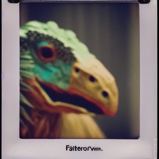 Image similar to blurry polaroid picture of a feathery dinosaur, 8K, HD, highly detailed, high quality