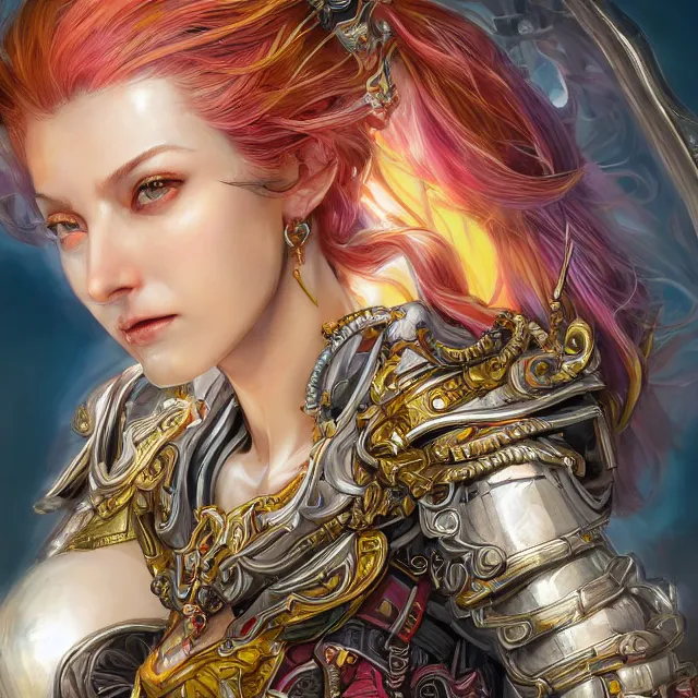 Image similar to studio portrait of lawful good colorful female holy mech paladin as absurdly beautiful, elegant, young sensual pretty woman, ultrafine hyperrealistic detailed face illustration by kim jung gi, irakli nadar, intricate linework, sharp focus, bright colors, matte, octopath traveler, final fantasy, unreal engine highly rendered, global illumination, radiant light, intricate environment