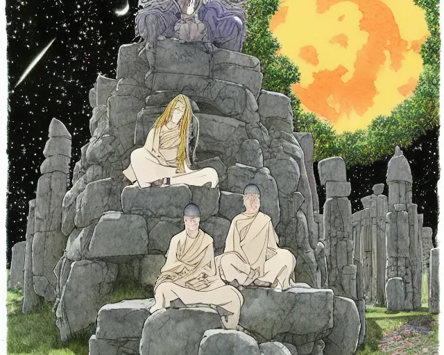 Image similar to a hyperrealist studio ghibli watercolor fantasy concept art of a giant long haired grey witch in lotus position sitting on top of stonehenge with a starry sky in the background. a group of tiny monks are prostrating them themselves. by rebecca guay, michael kaluta, charles vess