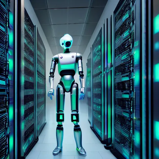 Image similar to hyperrealism stock photo of highly detailed stylish humanoid robot in sci - fi cyberpunk style by gragory crewdson and vincent di fate that working in the highly detailed data center by mike winkelmann and laurie greasley rendered in blender and octane render