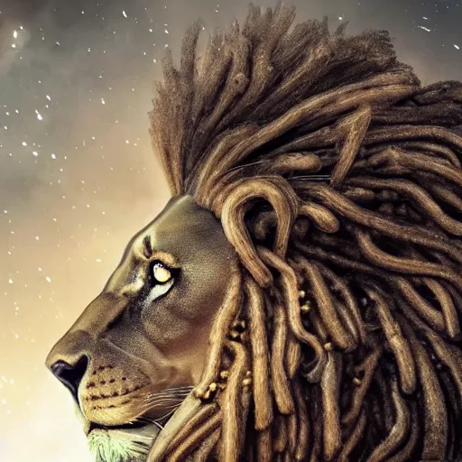Image similar to an alien lion with dread locs wearing a crown, digital art, highly detailed face, fantasy, epic, ultra quality, cinematic lighting