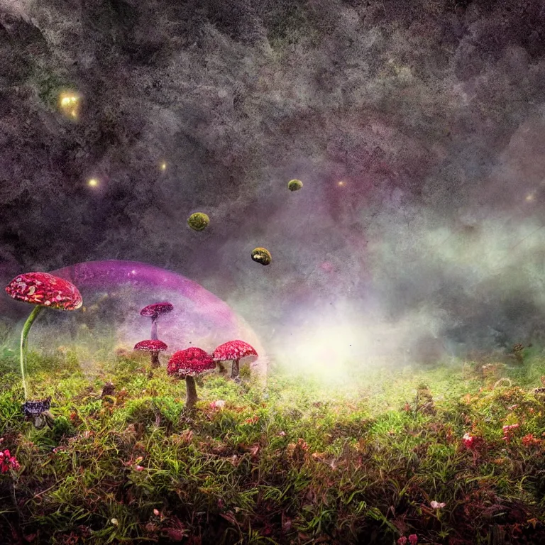 Image similar to a planet of various fungus, mushrooms, flowers and plants, inside the picture is infinity, Atmospheric, artistic photography, conceptual, long exposure outside the city, volumetric light