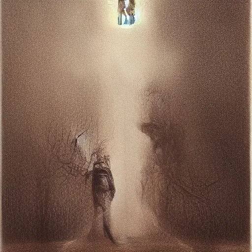 Image similar to Adam and Even dressed in Victorian dresses hug under the Tree of Life, by Beksinski