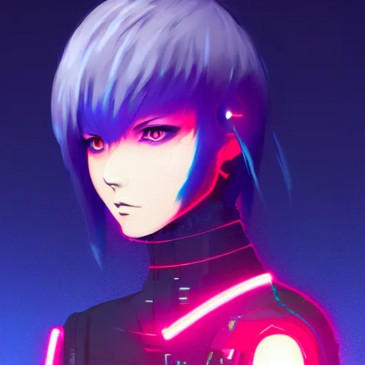 Image similar to digital cyberpunk anime fullbody!! character concept art gorgeous anime girl symmetrical face, small female android cyborg - angel glowing red left eye and glowing blue right eye, wlop, rossdraws, sakimimichan, ilya kuvshinov, krenz cushart, greg rutkowski.