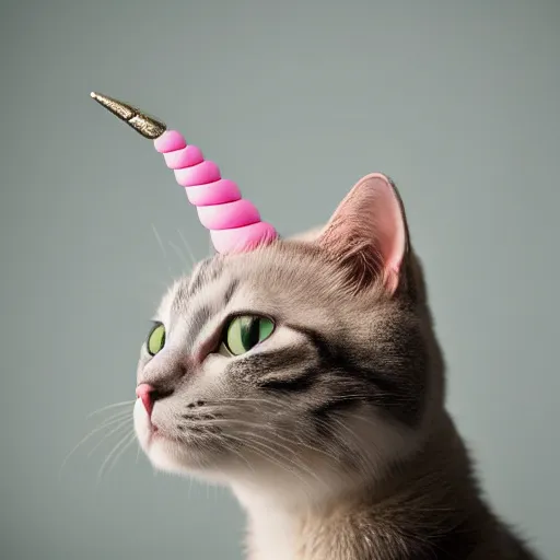 Image similar to portrait of cat unicorn, 5 0 mm soft room lighting