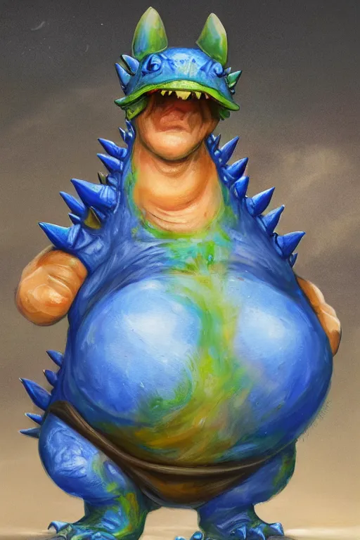 Image similar to a full body high detail fantasy portrait oil painting illustration of a tiny fat blue godzilla with a rainbow hat by justin sweet with face and body clearly visible, in a scenic background, pretty eyes, realistic proportions, d & d, rpg, forgotten realms, artstation trending, high quality, sombre mood, artstation trending, muted colours, entire person visible!