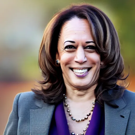 Prompt: press photo of kamala harris, with a trendy hip tiktok hairstyle, trendy outfit thin layers, soft studio lighting