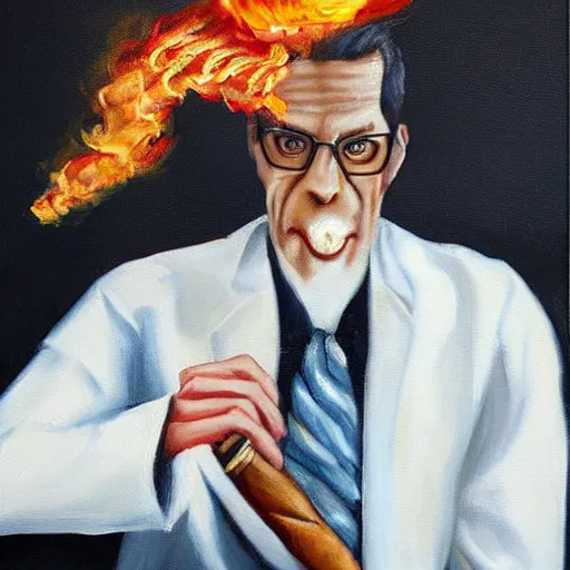 Image similar to oil painting of a dragon wearing a suit and smoking a cigar