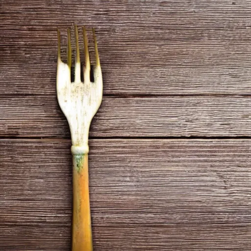 Image similar to a fork made of sand, realistic, ultra high detail, the fork is on a plate, the plate is on a wooden table.