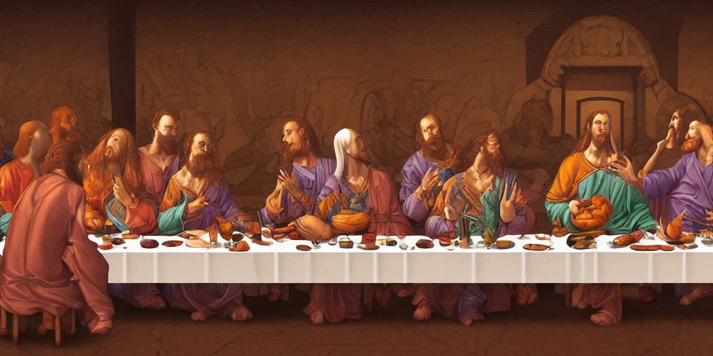 Image similar to the last supper of robots as apostles in leonardo da vinchi style. digital art, artstation, concept art, smooth, sharp focus, illustration, art by sorayama