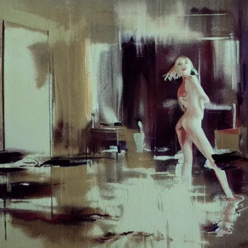 Prompt: abstract painting of Elle Fanning in a flooded house, by Bill Sienkiewicz