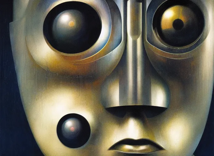 Image similar to a portrait headshot of sci fi metallic human, bright eyes, melancholic complex geometric figure liminal machinery by oskar schlemmer, moebius, john berkey, film grain, oil on canvas, portrait facial head, featured on artstation, hd wallpaper, 8 k