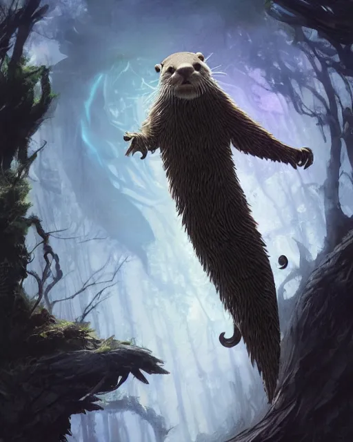 Image similar to Otter Shapeshifter Druid Mage, D&D, artstation, fantasy, magic the gathering artwork, cinematic lighting, centered, symmetrical, highly detailed, digital painting, , concept art, smooth, sharp focus, illustration, volumetric lighting, epic Composition, 8k, art by Akihiko Yoshida and Greg Rutkowski and Craig Mullins, oil painting, cgsociety