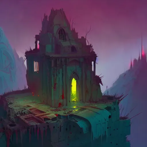 Image similar to concept art of a post - apocalypti ruined monastery at the top of a mountain, grimy, gritty, trending on artstation, award winning painting, cgi, art by anton fadeev and john howe and guy denning and filip hodas