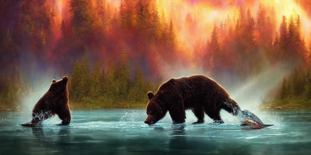 Prompt: bear fishing in a lake, magical energies emanating from it, god rays, wide angle, fantasy art, matte painting, sharp focus, vibrant colors, high contrast, illustration, art by justin gerard