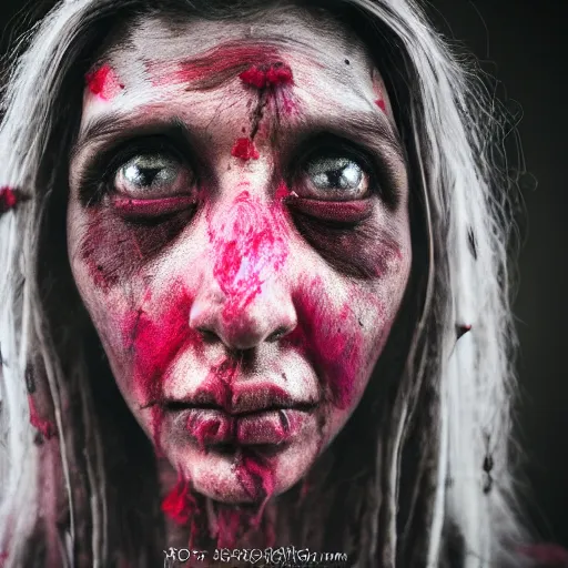 Prompt: 3 5 mm coloured film portrait of strange female aghori sadhu covered in ash creature, hyperrealism, celestial red flowers vibe, photorealistic, detailed, atmospheric, 8 k, award winning photography, cinematic