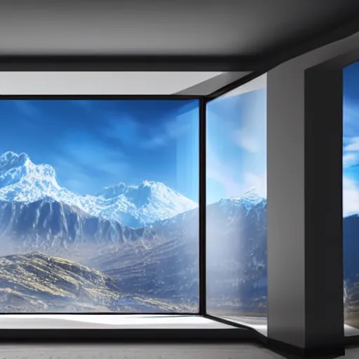 Image similar to looked at big window, mountains in background, sunny day time, clear sky, futuristic, furnitures, ultra realistic, ultra detailed, cinematic light