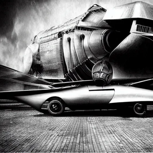 Image similar to an oldie car with wings, cyber punk, starship in background, detailed, award winning, masterpiece, photograph, cinematic, black-white retro photo 1910