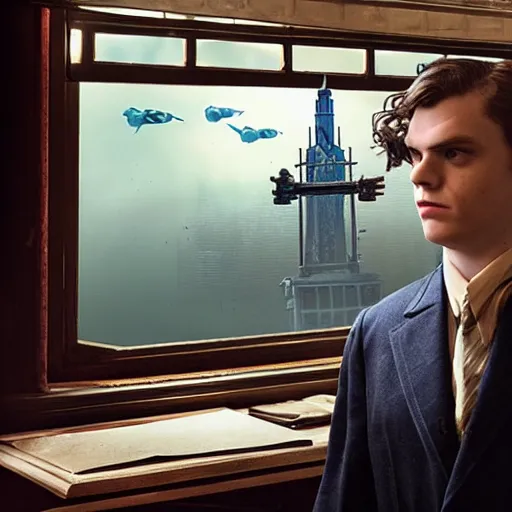 Image similar to a highly detailed cinematic photo from a live - action bioshock movie. andrew ryan, portrayed by evan peters, is shown standing in a 1 9 3 0's office with a large desk in front of a floor - to - ceiling window looking out onto the underwater city of rapture shining in the distance, sea life is shown outside of the window