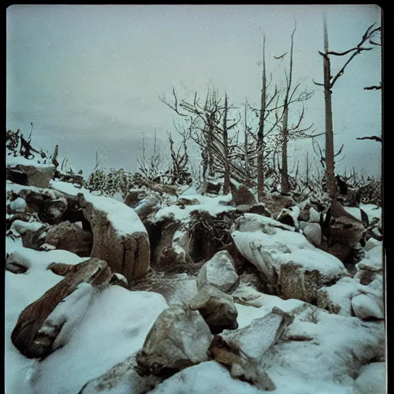 Prompt: polaroid ice age Neanderthal shots by Tarkovsky