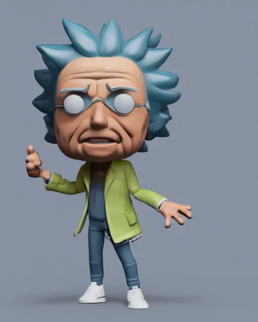 Prompt: full body 3d render of Rick Sanchez as a funko pop, studio lighting, white background, blender, trending on artstation, 8k, highly detailed